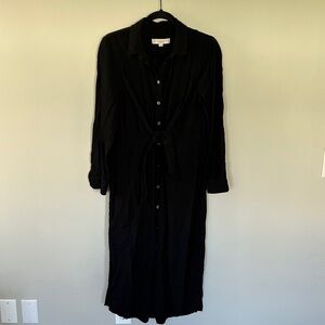 LOFT Black Long-Sleeve Button-Front Tie-Waist Shirt Dress